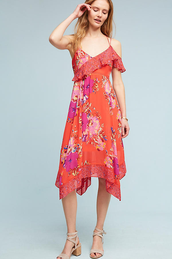 Maeve Anthropologie Grecia Red Floral Ruffle Strappy Asymmetric Dress Size 2