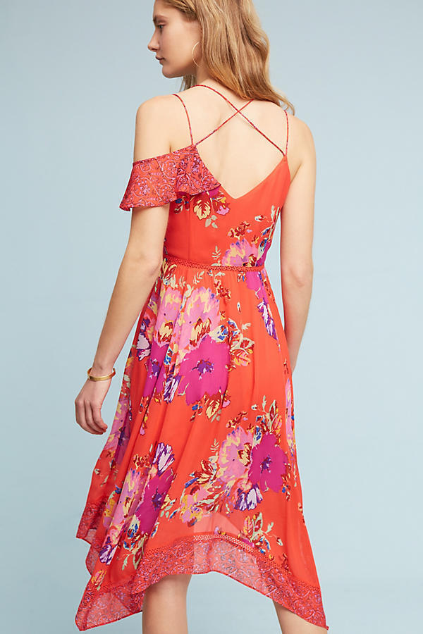 Maeve Anthropologie Grecia Red Floral Ruffle Strappy Asymmetric Dress Size 2