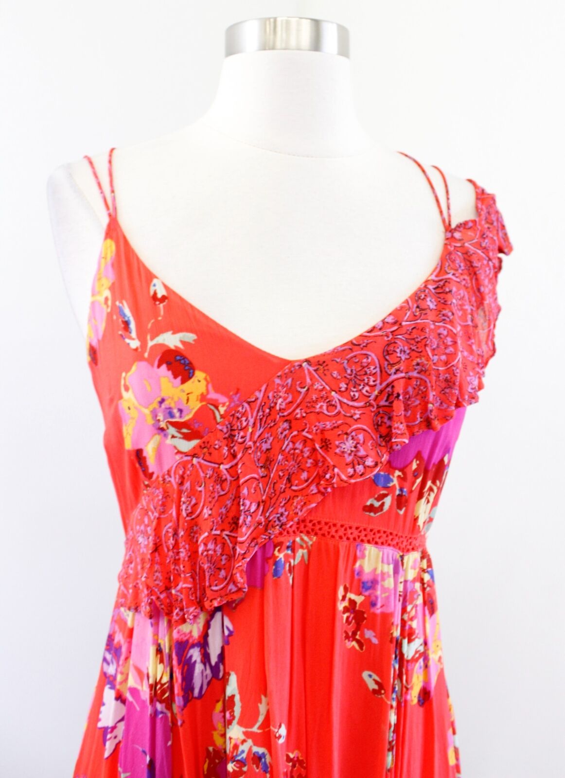 Maeve Anthropologie Grecia Red Floral Ruffle Strappy Asymmetric Dress Size 2