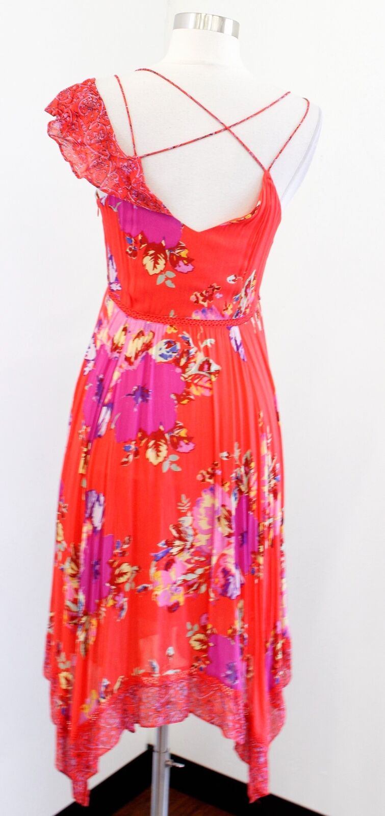 Maeve Anthropologie Grecia Red Floral Ruffle Strappy Asymmetric Dress Size 2