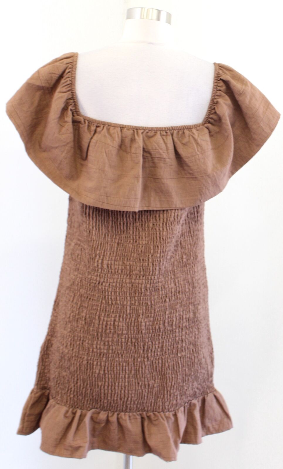 NWT by Anthropologie Brown Smocked Off the Shoulder Ruffle Mini Dress Bodycon XL