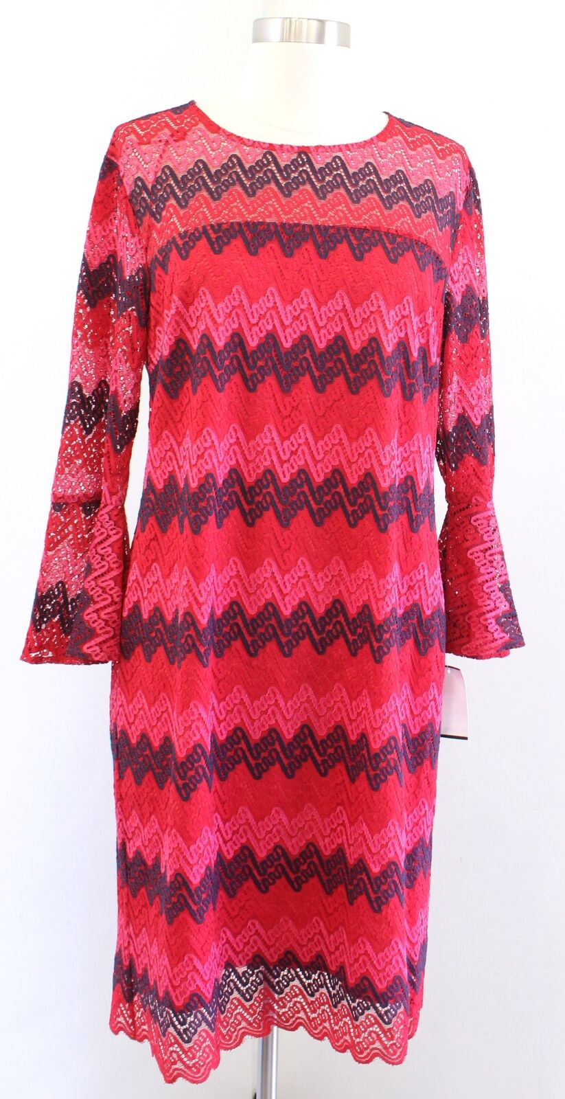 NWT Trina Turk Lovely Lace Chevron Striped Bell Sleeve Dress Size 6 Red Pink