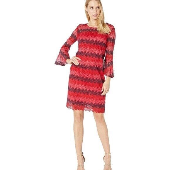 NWT Trina Turk Lovely Lace Chevron Striped Bell Sleeve Dress Size 6 Red Pink