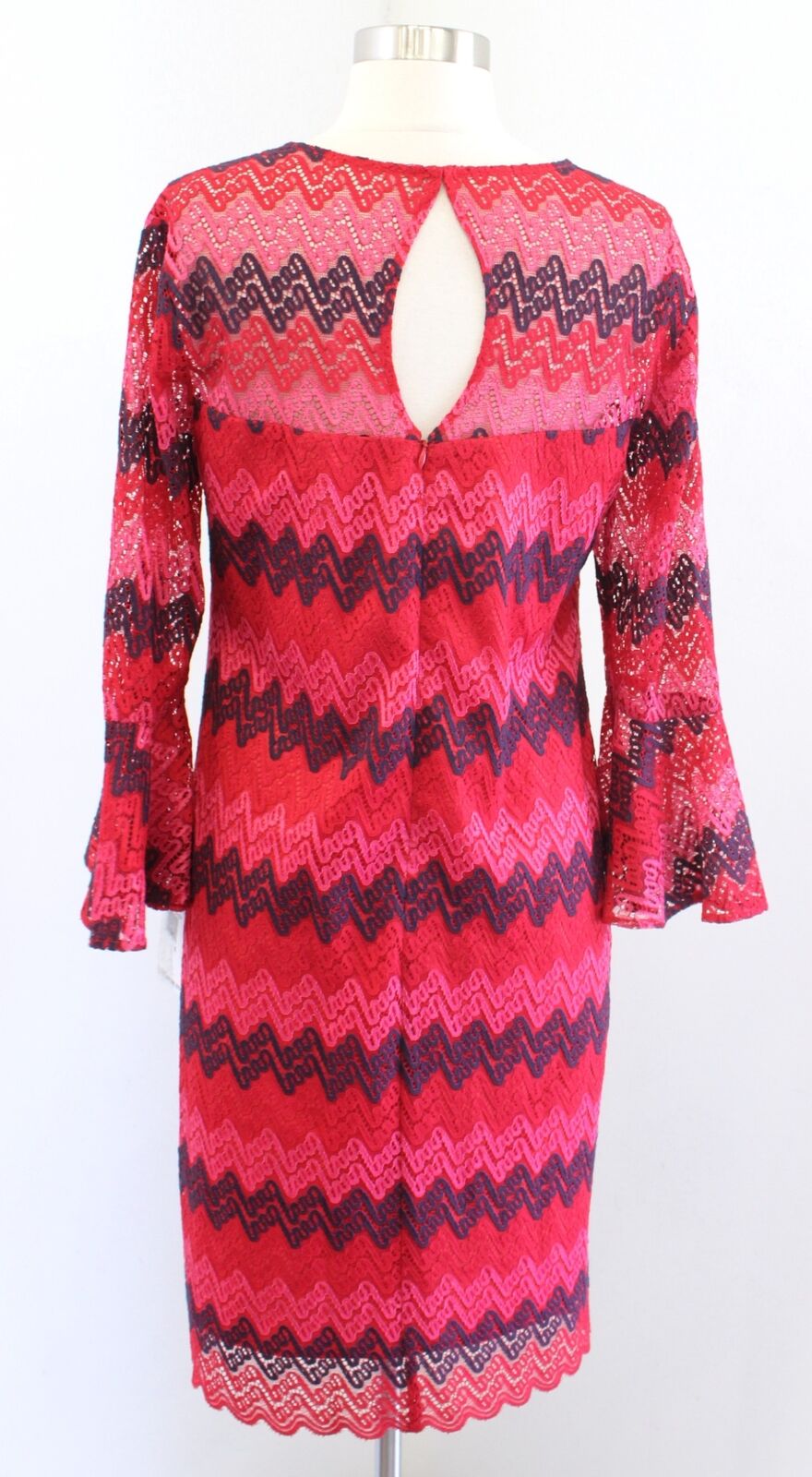 NWT Trina Turk Lovely Lace Chevron Striped Bell Sleeve Dress Size 6 Red Pink