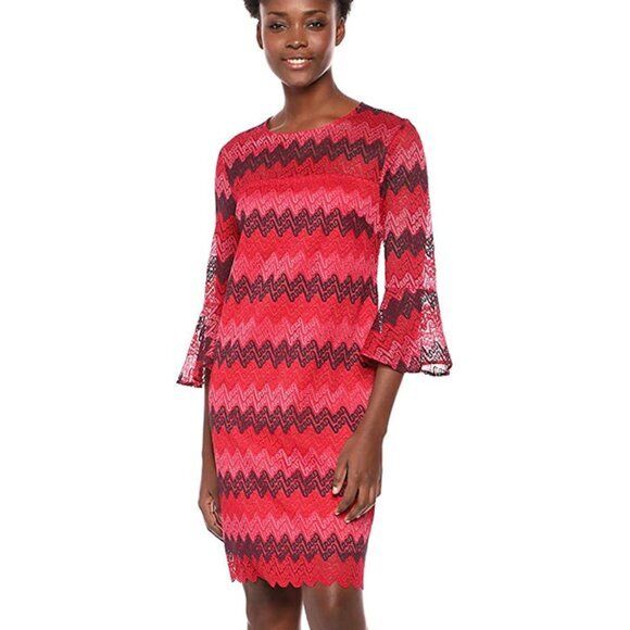 NWT Trina Turk Lovely Lace Chevron Striped Bell Sleeve Dress Size 6 Red Pink