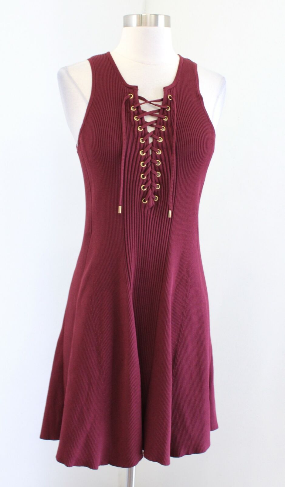 Torn by Ronny Kobo Wine Maroon Ribbed Knit Lace Up A Line Dress Sleeveless Sz S