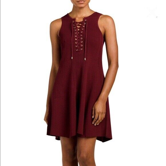 Torn by Ronny Kobo Wine Maroon Ribbed Knit Lace Up A Line Dress Sleeveless Sz S