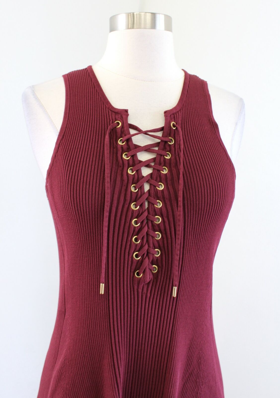 Torn by Ronny Kobo Wine Maroon Ribbed Knit Lace Up A Line Dress Sleeveless Sz S