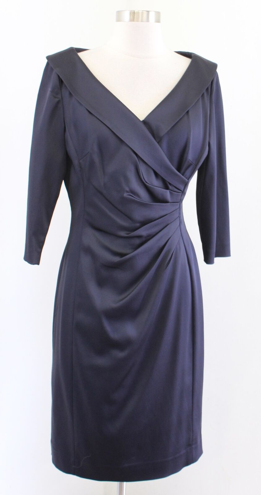 Tahari ASL Levine Navy Blue Satin Portrait Collar Ruched Sheath Dress Size 6