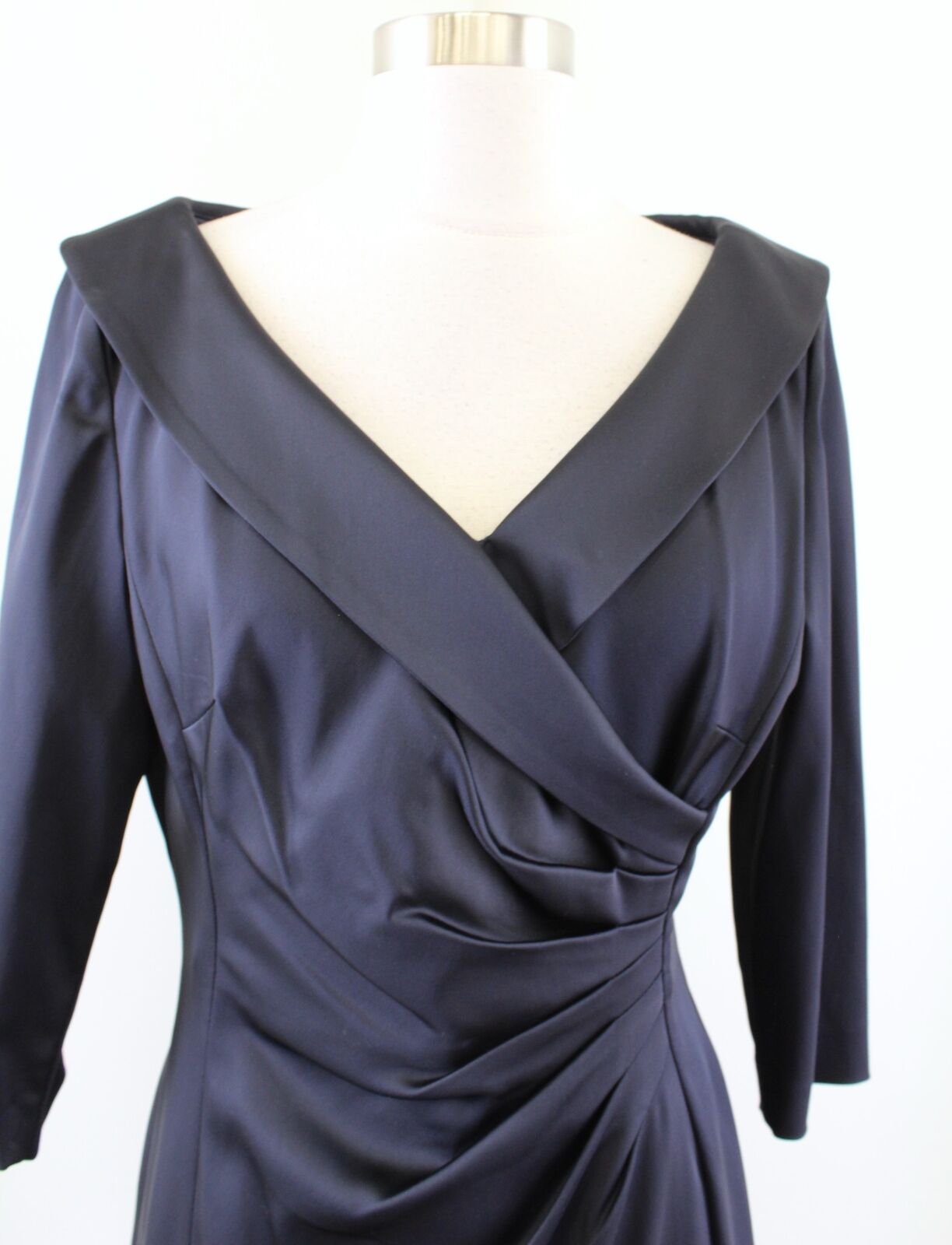 Tahari ASL Levine Navy Blue Satin Portrait Collar Ruched Sheath Dress Size 6