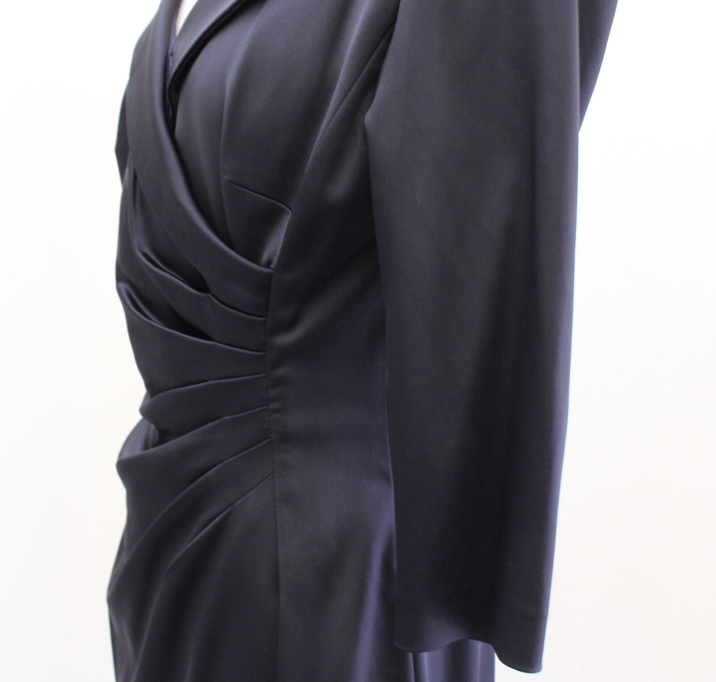 Tahari ASL Levine Navy Blue Satin Portrait Collar Ruched Sheath Dress Size 6