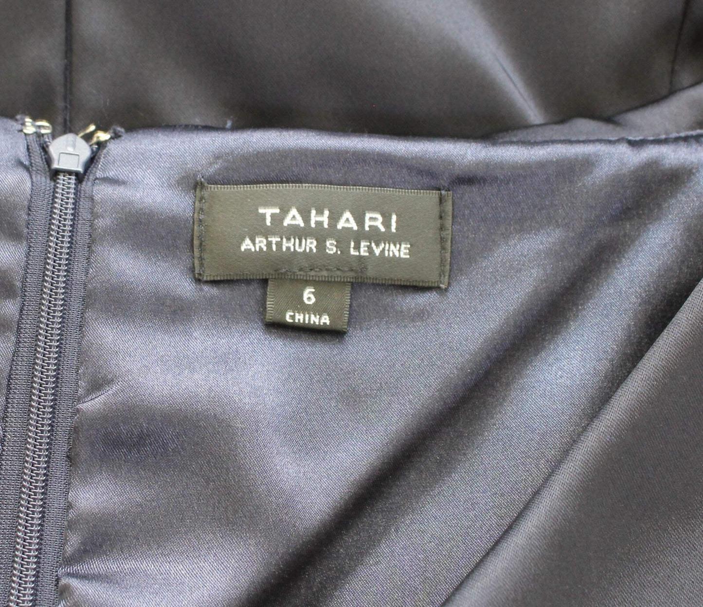 Tahari ASL Levine Navy Blue Satin Portrait Collar Ruched Sheath Dress Size 6
