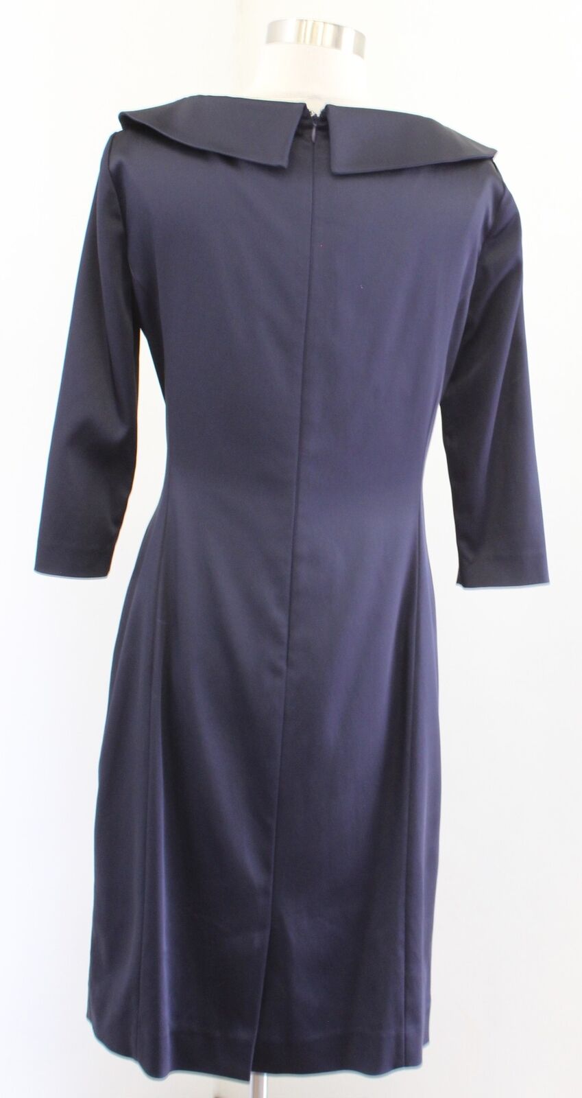 Tahari ASL Levine Navy Blue Satin Portrait Collar Ruched Sheath Dress Size 6