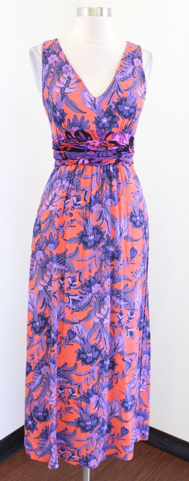 Maeve Anthropologie Macie Floral Tie Waist Maxi Dress Size 2 Orange Purple