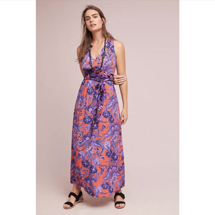 Maeve Anthropologie Macie Floral Tie Waist Maxi Dress Size 2 Orange Purple