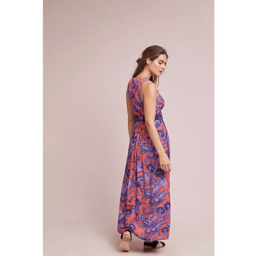 Maeve Anthropologie Macie Floral Tie Waist Maxi Dress Size 2 Orange Purple