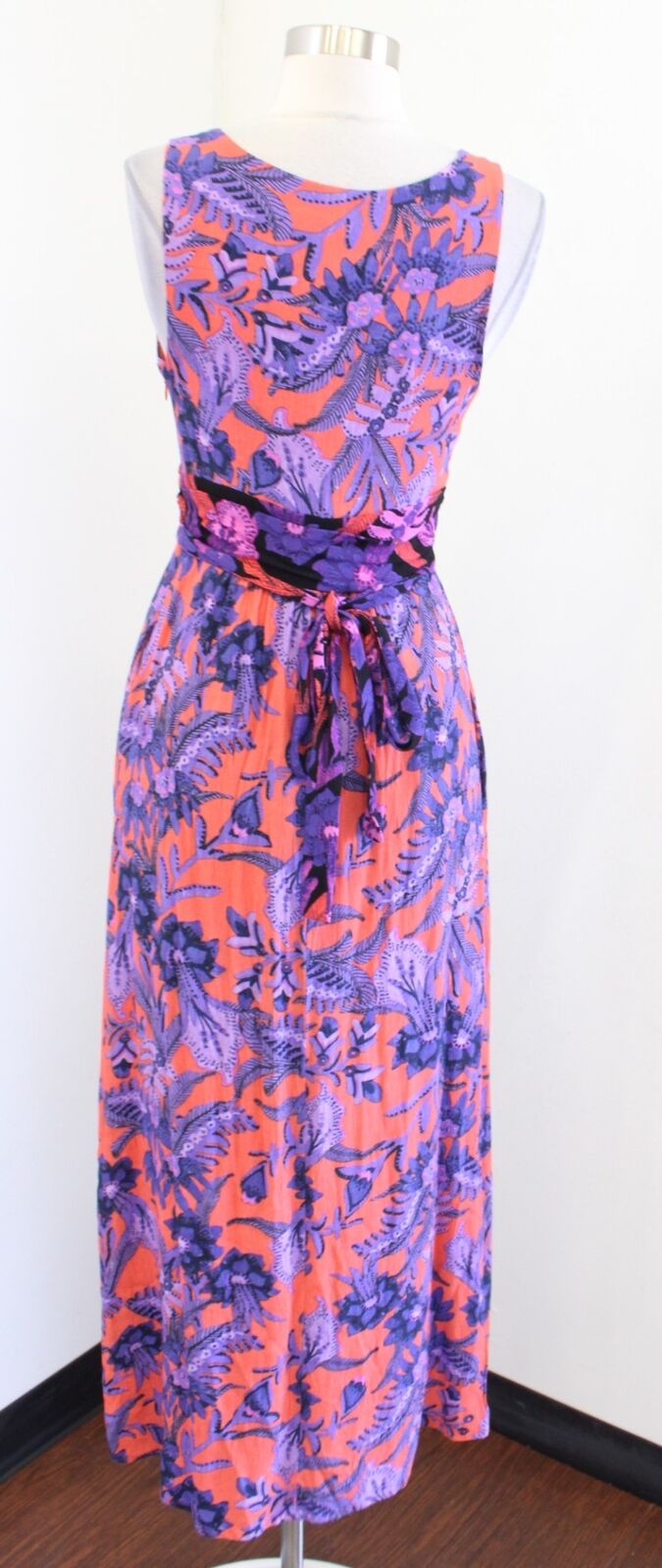 Maeve Anthropologie Macie Floral Tie Waist Maxi Dress Size 2 Orange Purple