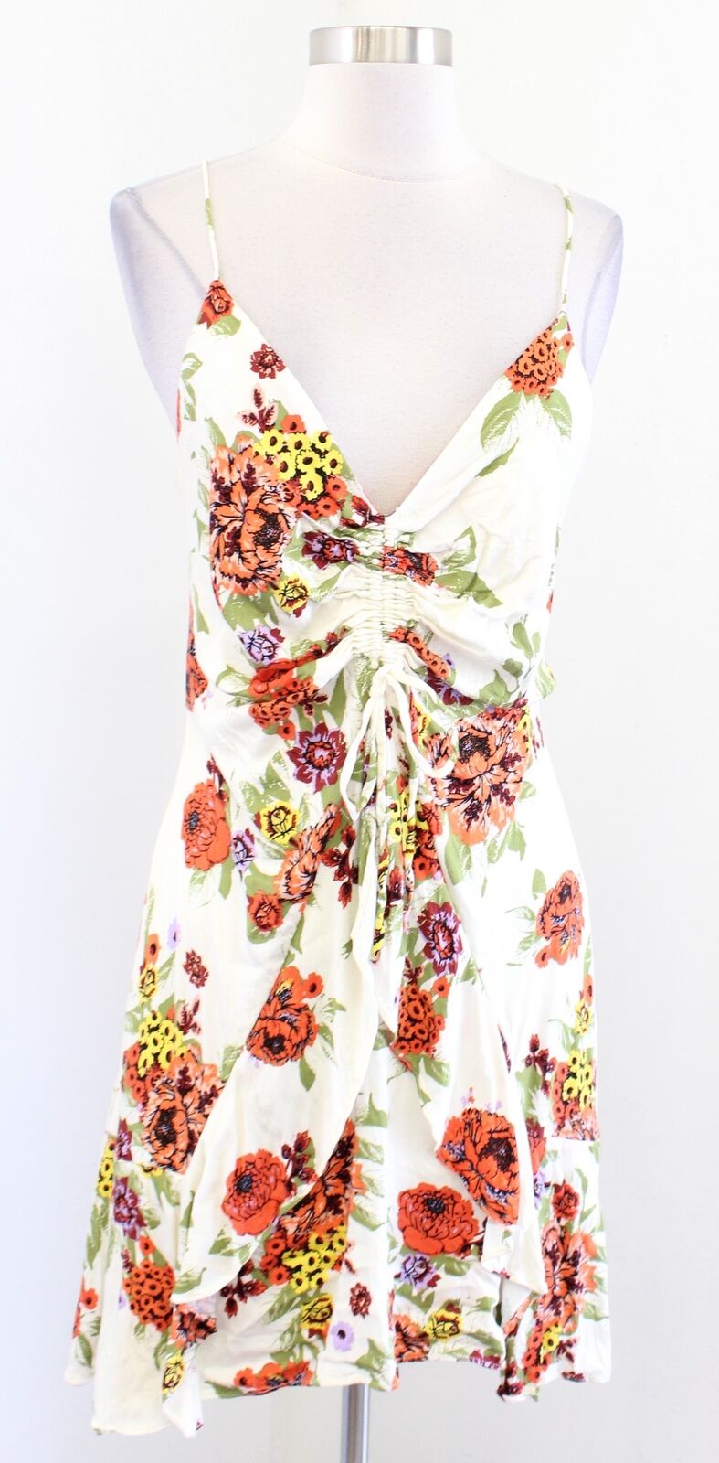 Free People Happy Heart Cream Floral Print V Neck Ruched Mini Dress Sz L Ruffle