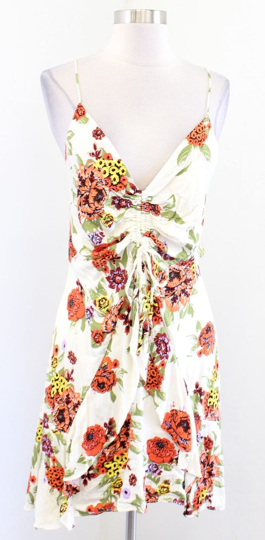 Free People Happy Heart Cream Floral Print V Neck Ruched Mini Dress Sz L Ruffle