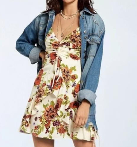 Free People Happy Heart Cream Floral Print V Neck Ruched Mini Dress Sz L Ruffle