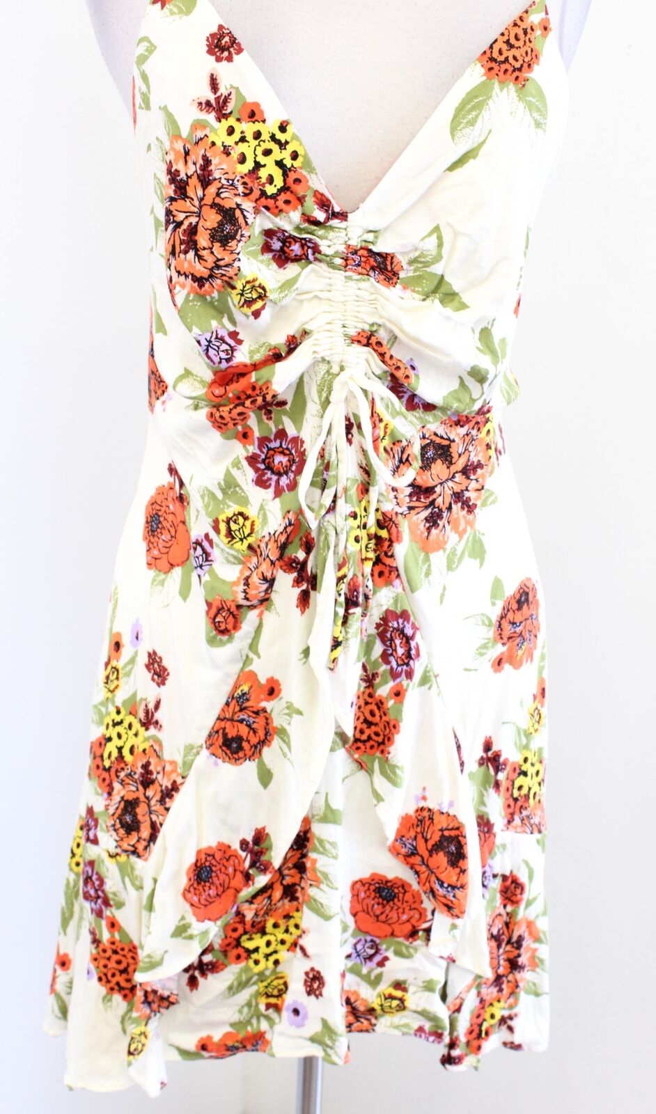 Free People Happy Heart Cream Floral Print V Neck Ruched Mini Dress Sz L Ruffle