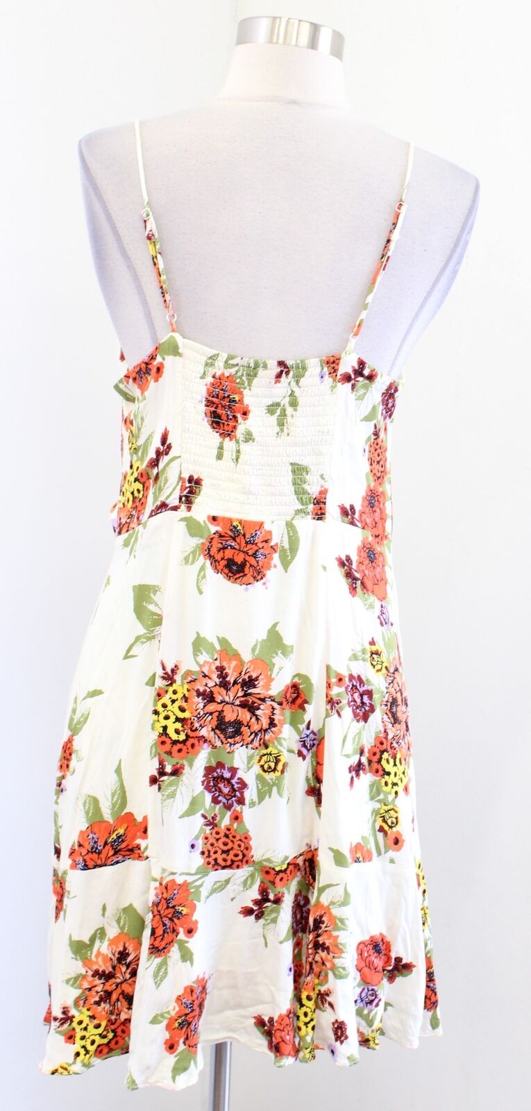 Free People Happy Heart Cream Floral Print V Neck Ruched Mini Dress Sz L Ruffle