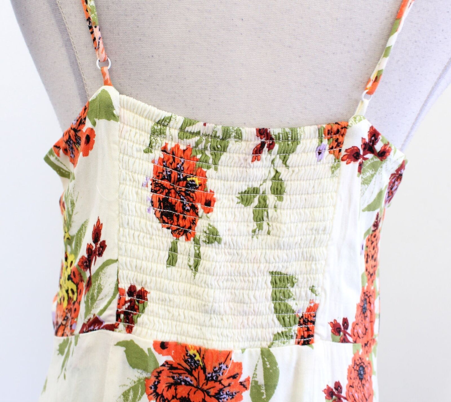 Free People Happy Heart Cream Floral Print V Neck Ruched Mini Dress Sz L Ruffle
