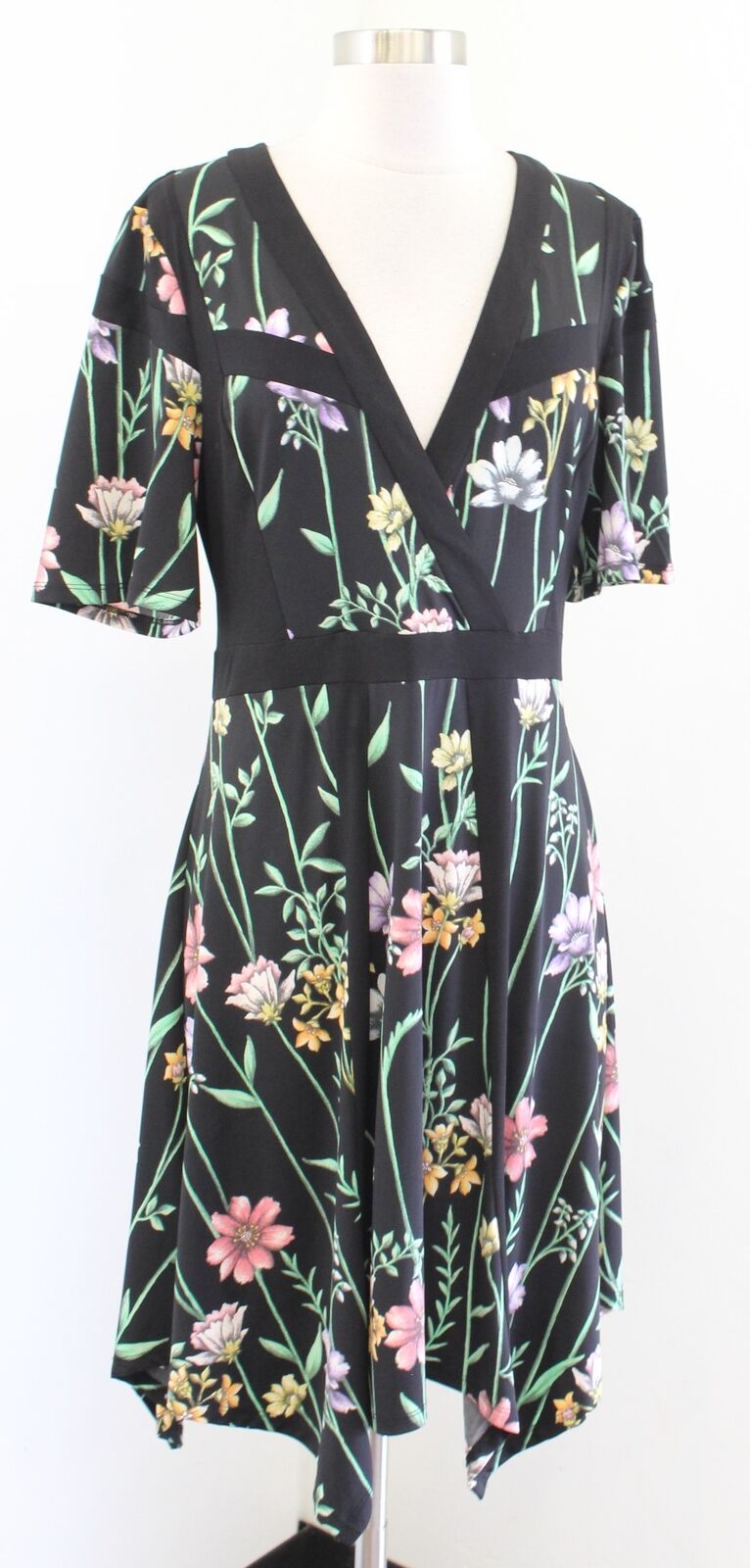 BCBG Max Azria Black Botanical Garden Floral Asymmetrical Hem Dress Size M Green