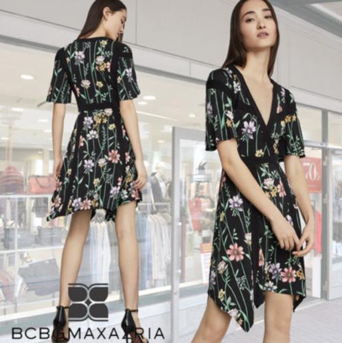 BCBG Max Azria Black Botanical Garden Floral Asymmetrical Hem Dress Size M Green