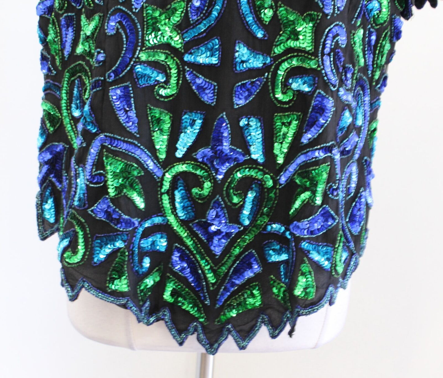 Vtg Patra Black Blue Green Silk Beaded Sequin Evening Formal Party Top Blouse 1X Short Sleeve
