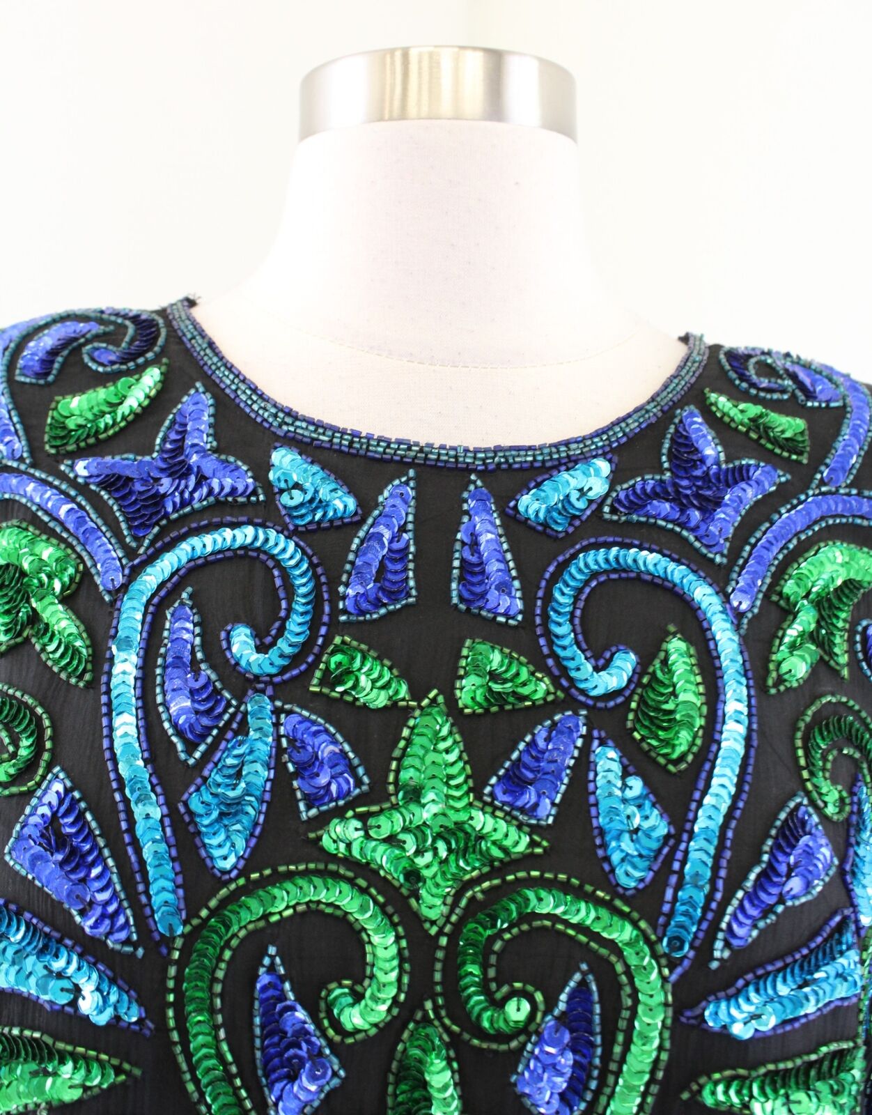 Vtg Patra Black Blue Green Silk Beaded Sequin Evening Formal Party Top Blouse 1X Short Sleeve