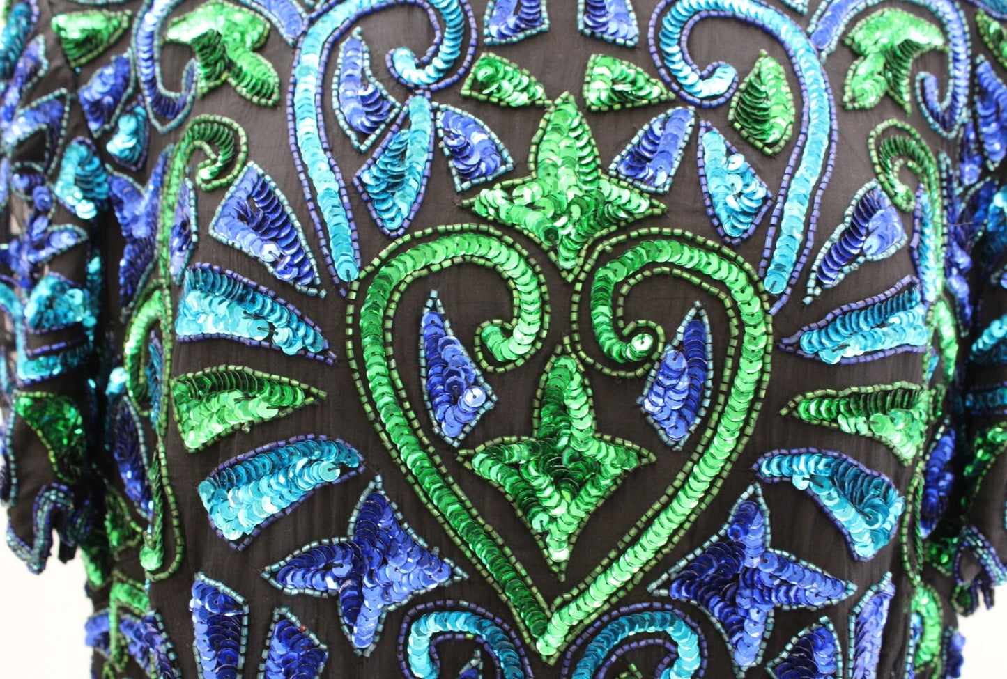 Vtg Patra Black Blue Green Silk Beaded Sequin Evening Formal Party Top Blouse 1X Short Sleeve