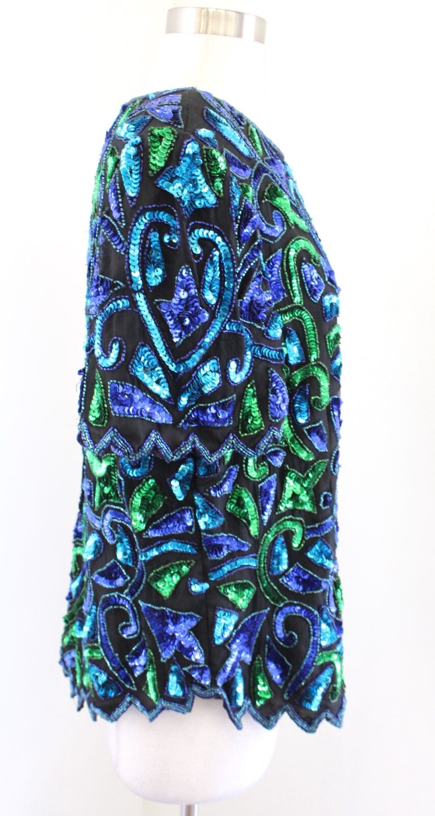 Vtg Patra Black Blue Green Silk Beaded Sequin Evening Formal Party Top Blouse 1X Short Sleeve