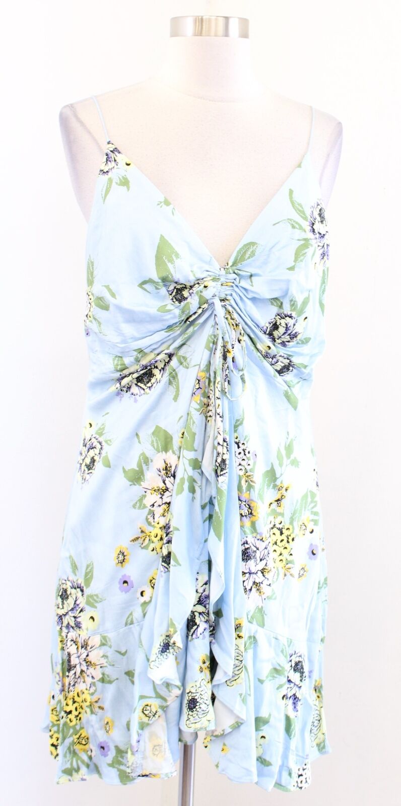Free People Happy Heart Baby Blue Floral Ruched Mini Dress Size L V Neck