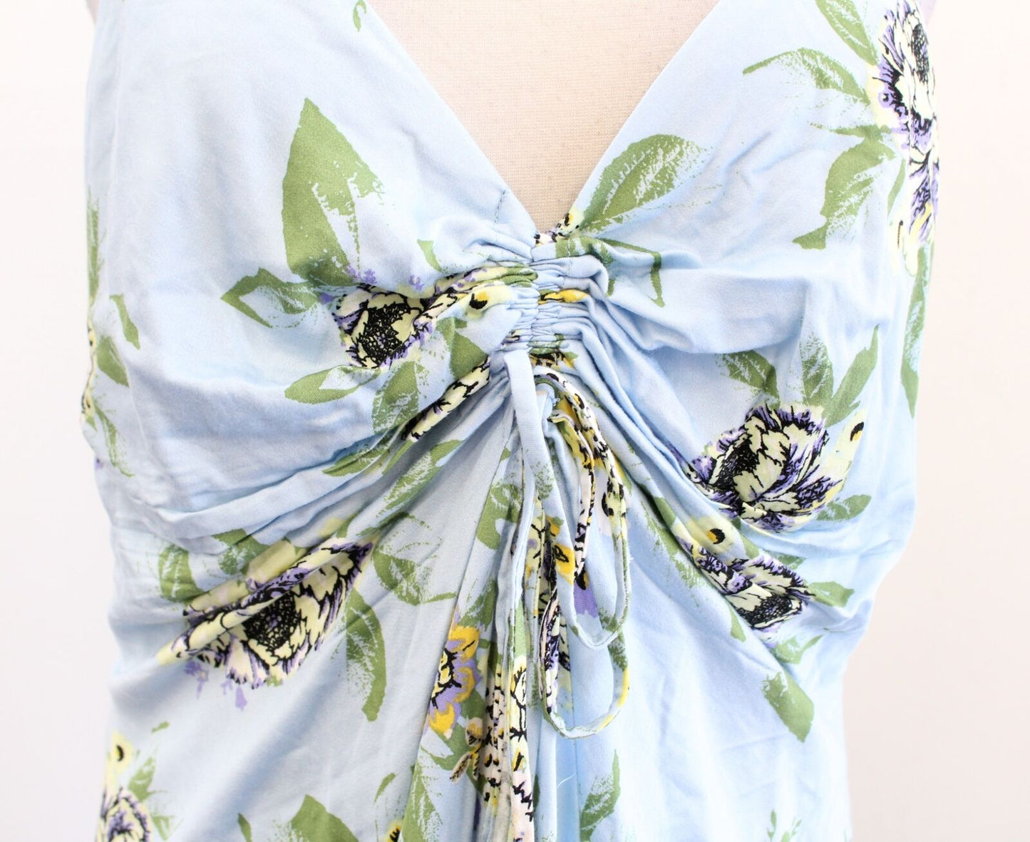 Free People Happy Heart Baby Blue Floral Ruched Mini Dress Size L V Neck