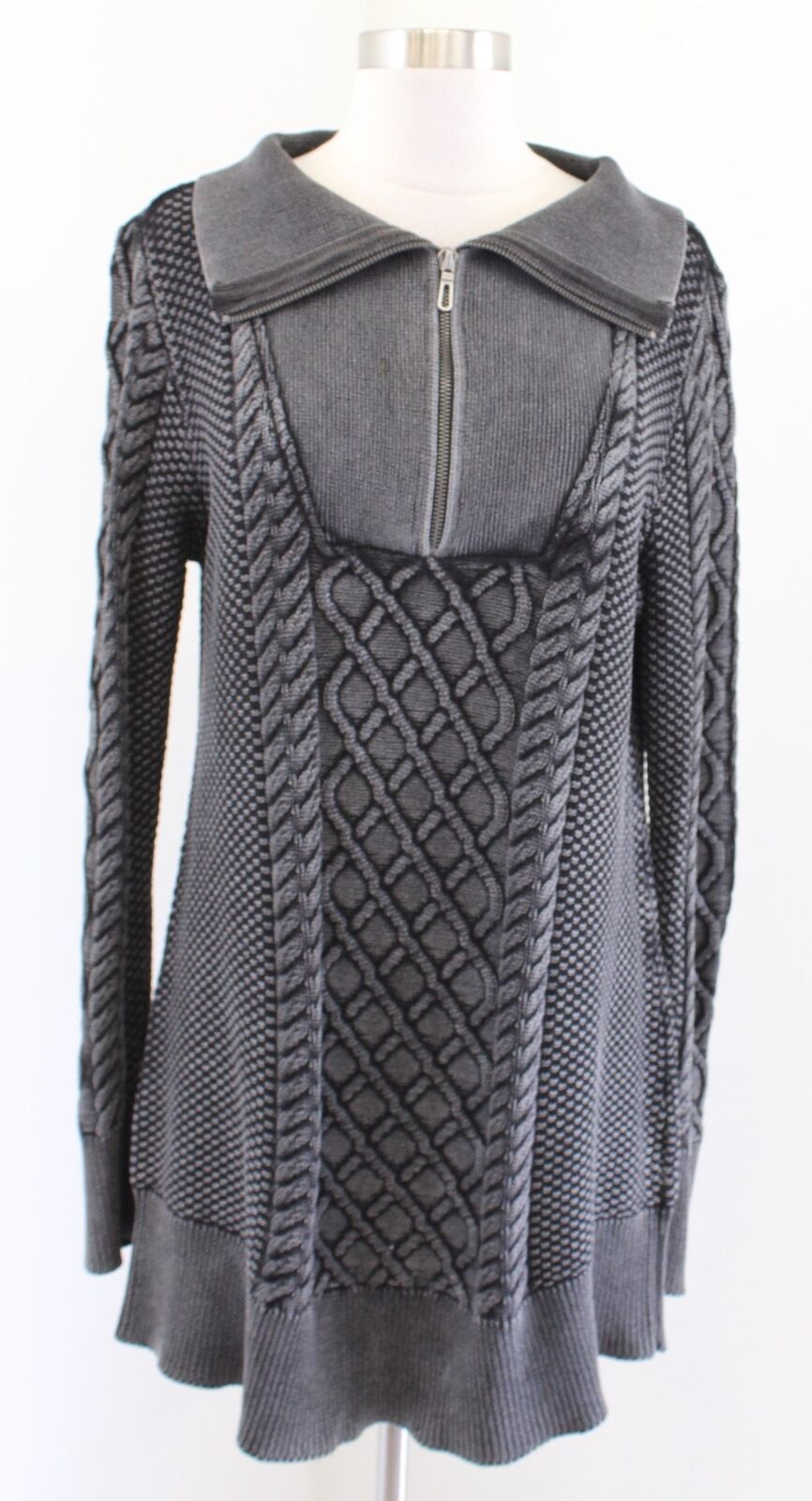 Soft Surroundings Gray Black Cable Knit Boyfriend Style Tunic Sweater Size M