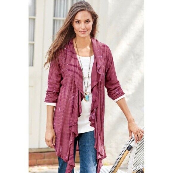 Soft Surroundings Bali Pink Tie Dye Waterfall Open Draped Cardigan Overpiece L