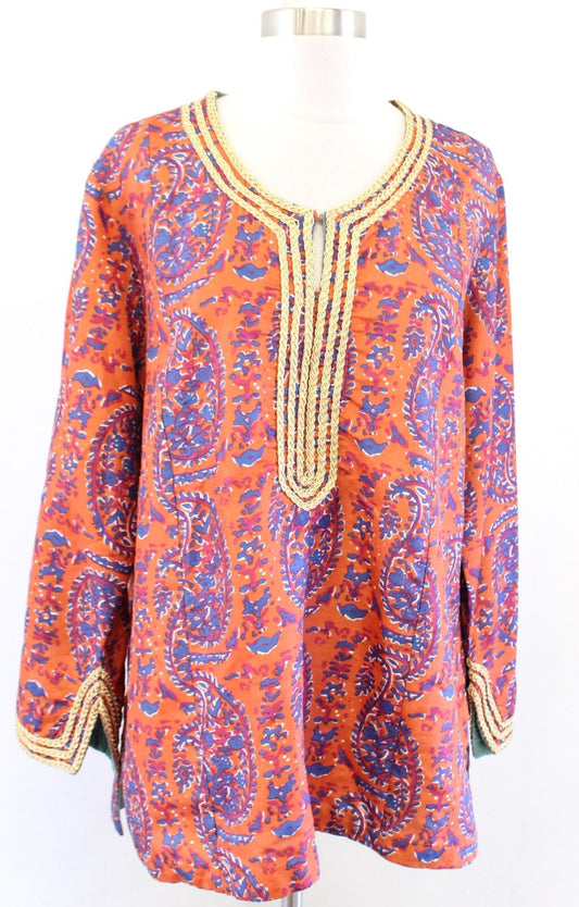 Soft Surroundings Orange Blue Paisley Print Gold Embroidered Tunic Top Blouse L