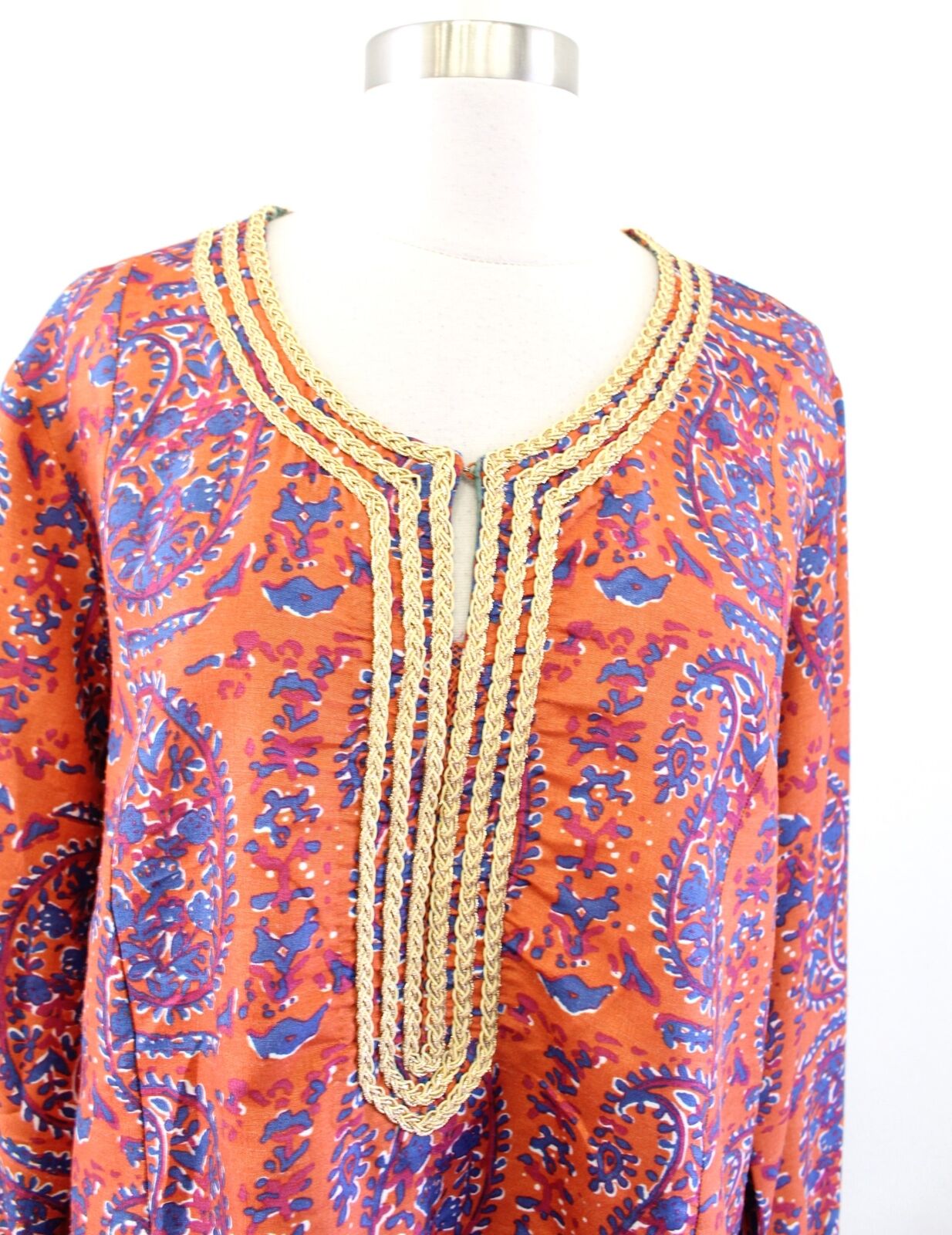 Soft Surroundings Orange Blue Paisley Print Gold Embroidered Tunic Top Blouse L