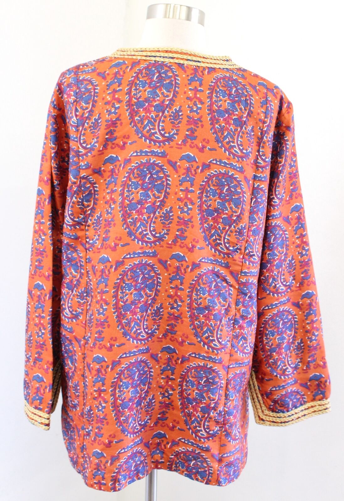 Soft Surroundings Orange Blue Paisley Print Gold Embroidered Tunic Top Blouse L