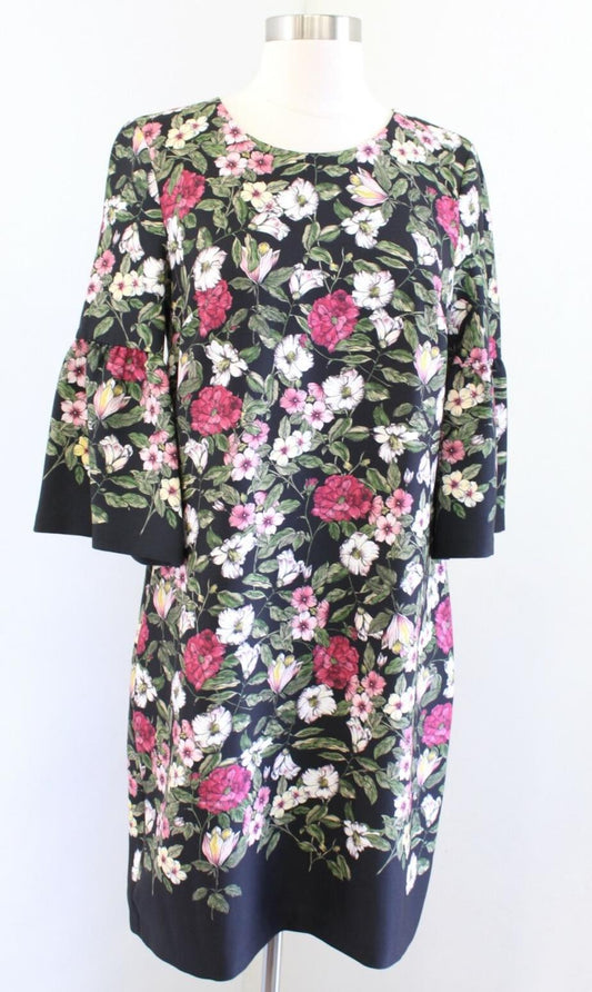 Karl Lagerfeld Black Garden Floral Print Flared Bell Sleeve Shift Dress Size 4