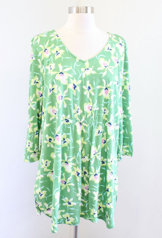 NWT $69 J Jill Green Rayon Knit Floral Print Tunic Top Blouse Sz XLP PXL Yellow