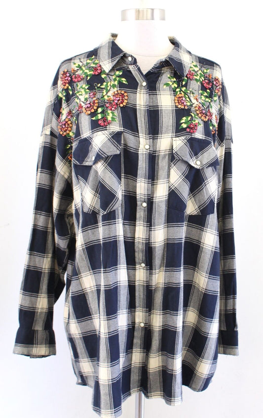 Zara Navy Blue Plaid Floral Embroidered Beaded Boyfriend Style Shirt Sz XL Snap