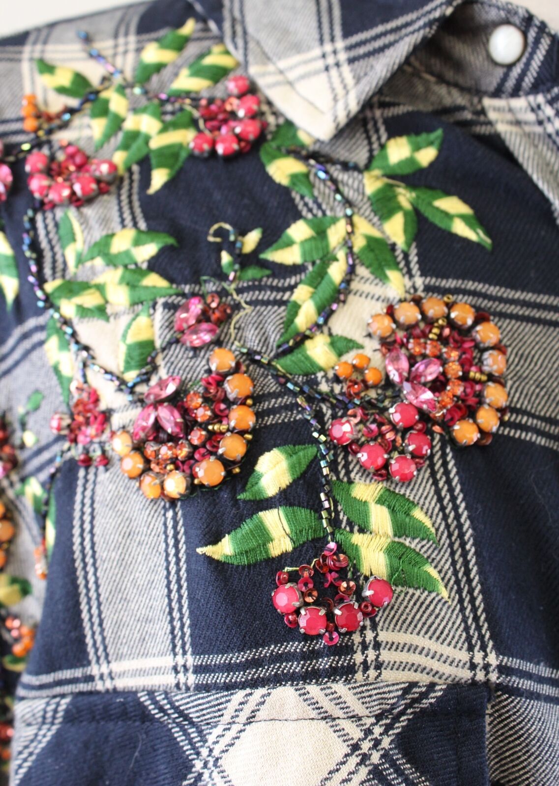 Zara Navy Blue Plaid Floral Embroidered Beaded Boyfriend Style Shirt Sz XL Snap