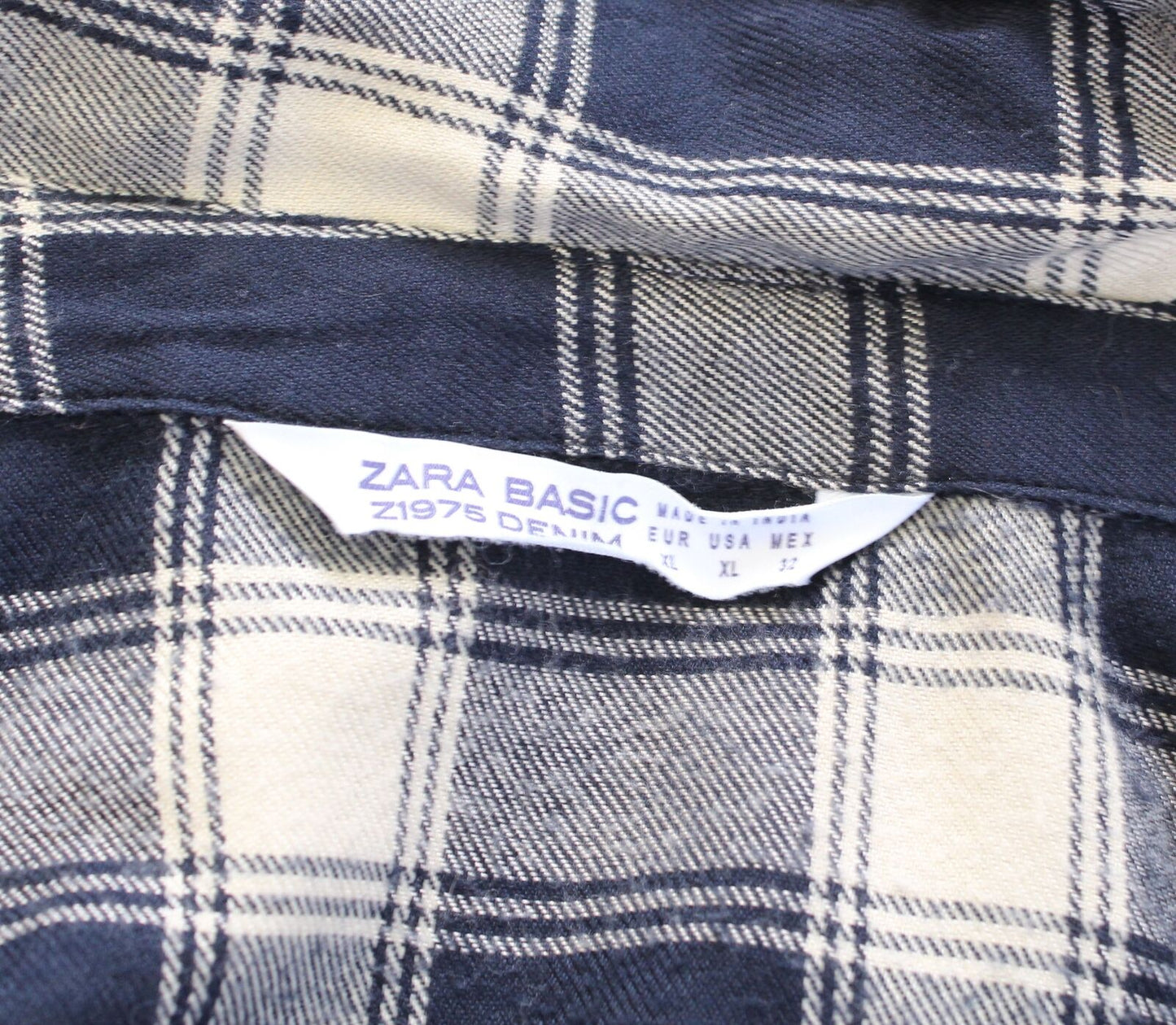 Zara Navy Blue Plaid Floral Embroidered Beaded Boyfriend Style Shirt Sz XL Snap