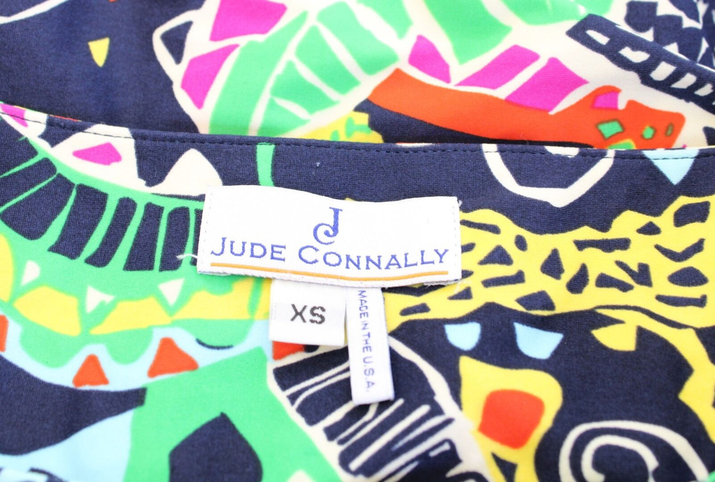 Jude Connally Navy Blue Colorful Abstract Geometric Print Dress Sleeveless Sz XS