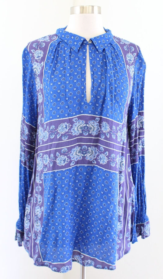 Free People Changing Times Blue Floral Geometric Print Tunic Top Blouse SIze S Long Sleeve
