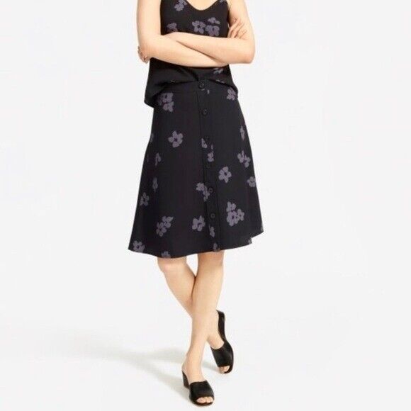 Everlane Black Floral Japanese Goweave Button Front Swing Skirt size 14