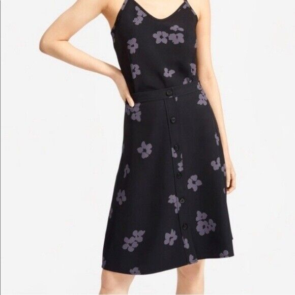 Everlane Black Floral Japanese Goweave Button Front Swing Skirt size 14