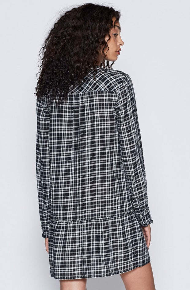 Joie Kaisa Black White Plaid Drop Waist Shift Dress Size XS Ruffle Trim